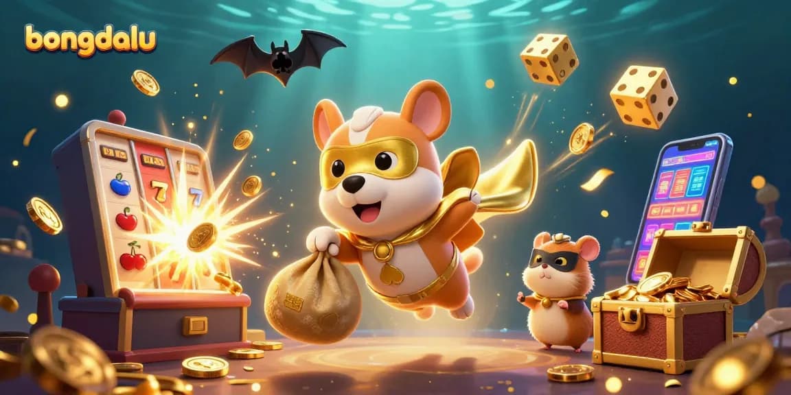 Bongdalu-themed illustration showcasing a superhero dog amidst virtual casino excitement and vibrant game elements.