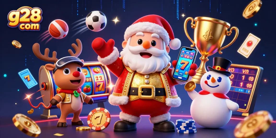 Win big with g28 com in a vibrant casino-themed 3D illustration featuring a festive atmosphere.