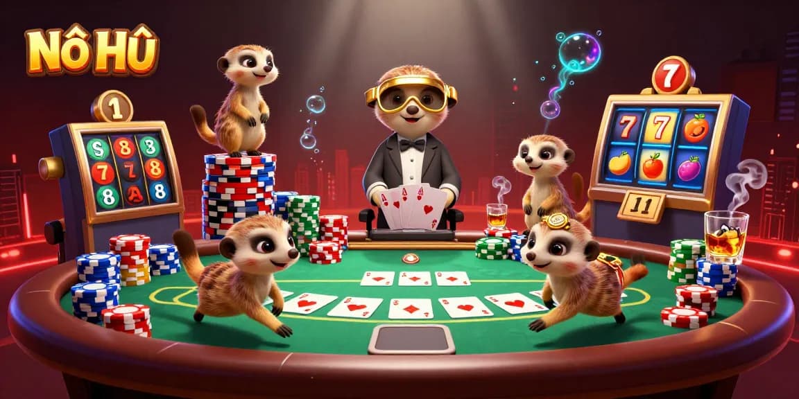Nổ Hũ is being showcased in a dynamic 3D casino scene with meerkats engaging in lively gaming activities.