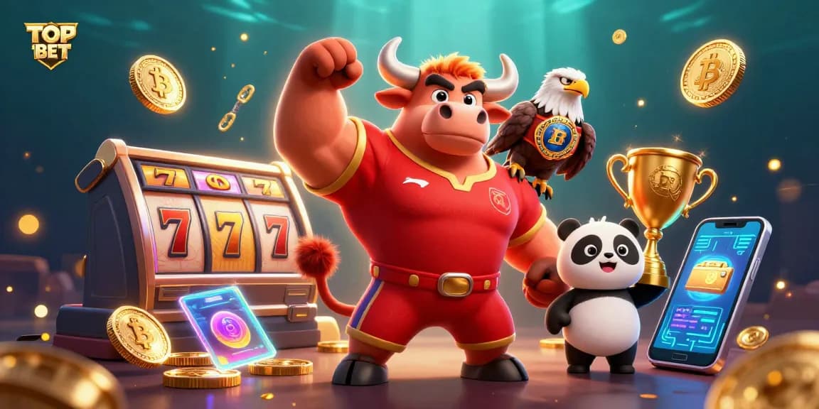 Engage in exciting slots at TOPBET with vibrant, colorful 3D characters celebrating wins amidst a backdrop of casino elements.