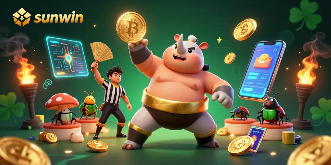 Join the excitement of sunwin as the sumo beetle stomps golden coins in this vibrant casino scene.