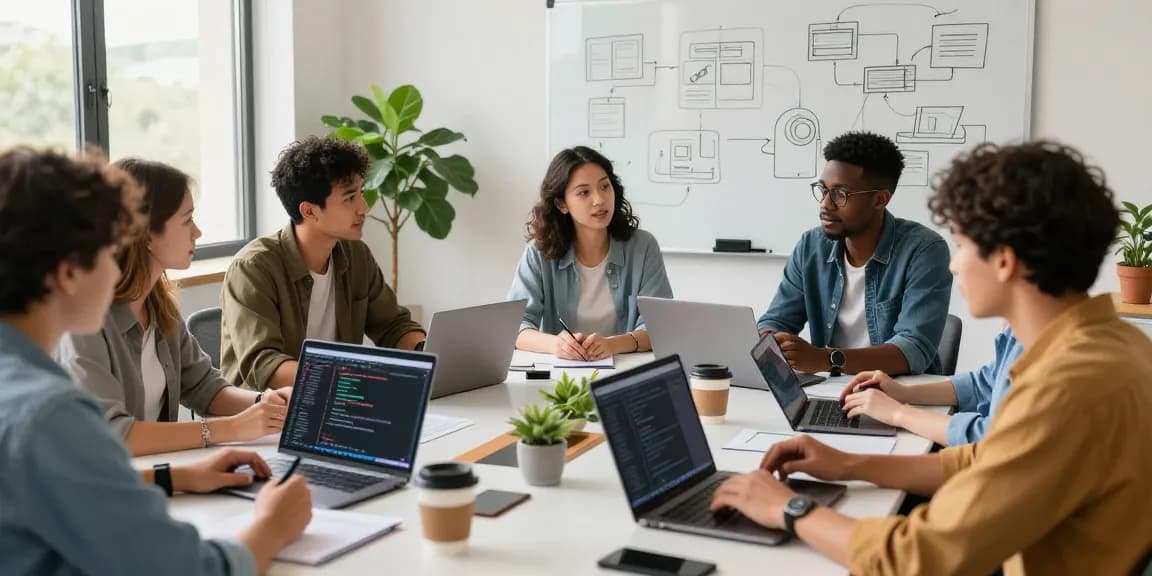 Team collaborating to build internal tools with AI in a modern workspace.