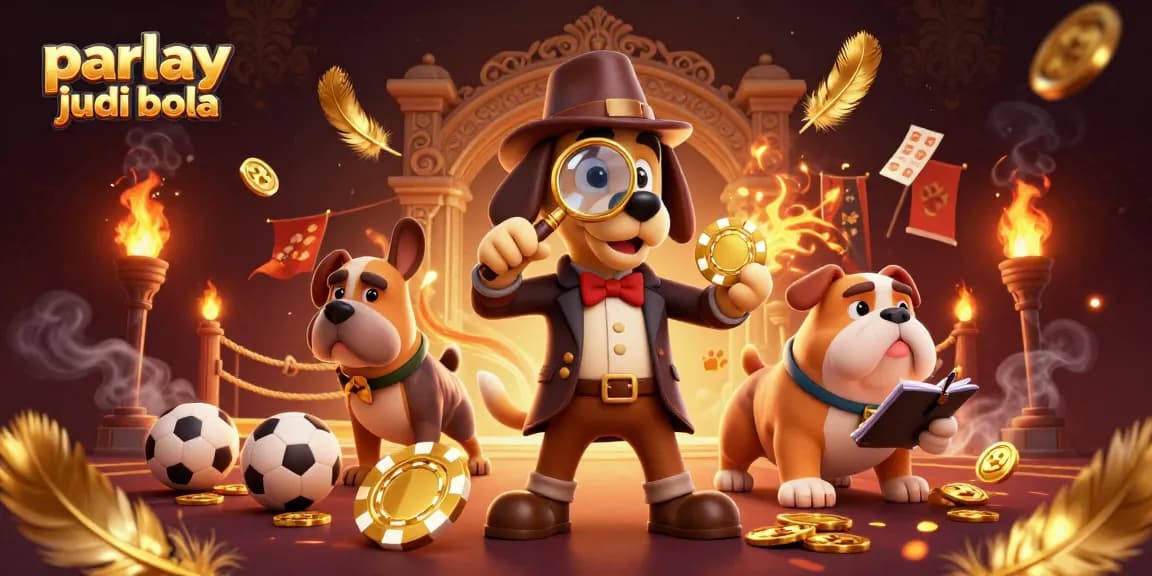 Engage in parlay judi bola with a cartoon detective uncovering betting clues in a vibrant sports scene.