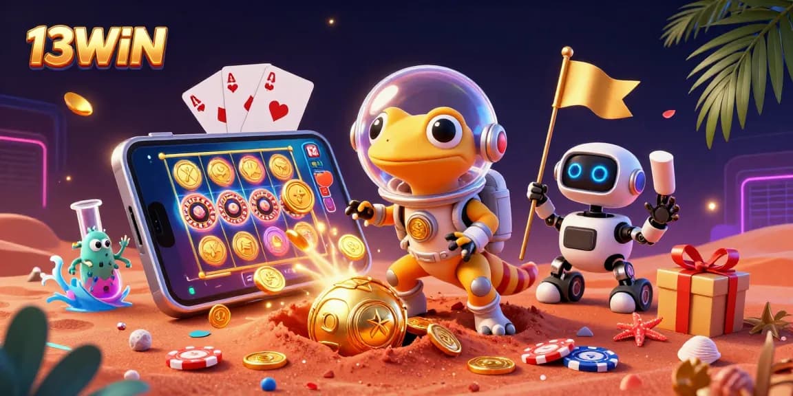 Engage in excitement with 13WIN as a Martian gecko discovers a hidden golden casino amidst vivid casino game elements.