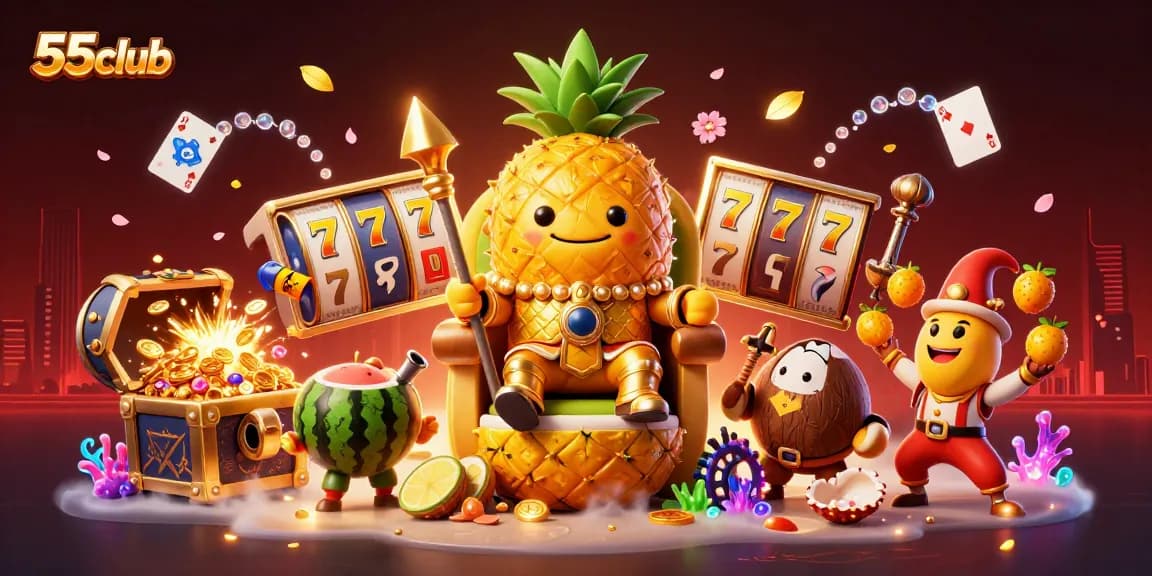 Experience the excitement of 55club with a vibrant casino scene featuring animated characters and slot reels.