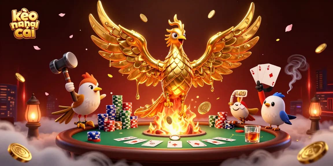 Engage with kèo nhà cái action through dynamic casino scene with golden phoenix and poker elements.