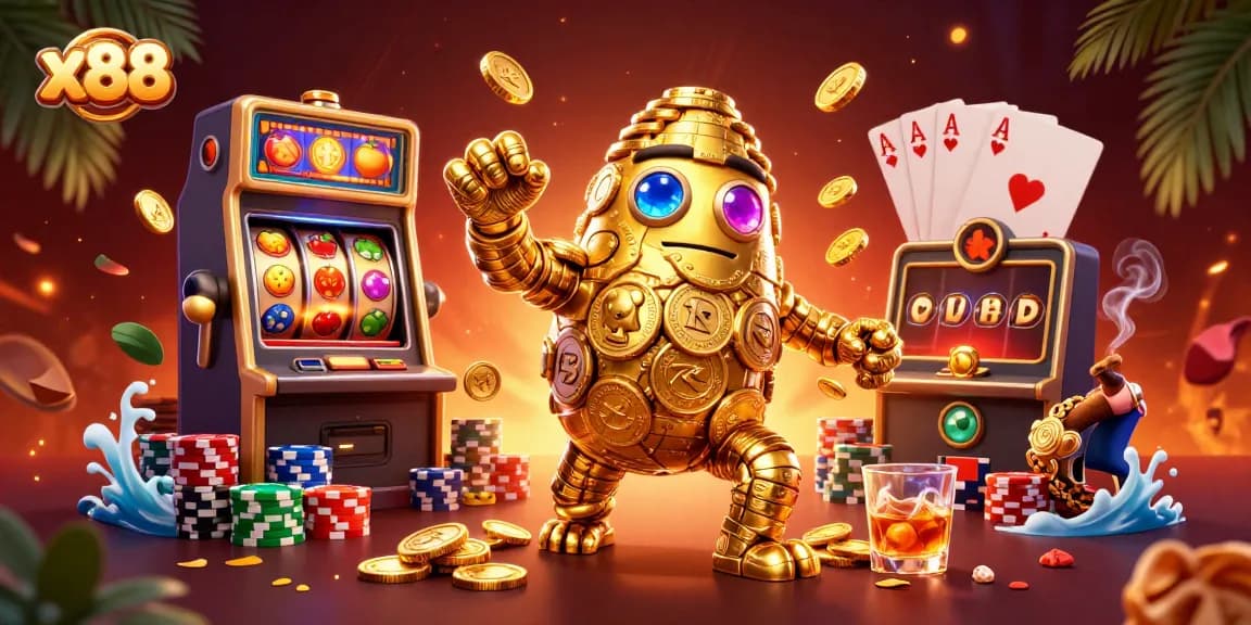 Spin the reels with x88 and experience a thrilling game atmosphere filled with vibrant slot symbols and gold coins.