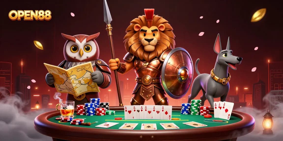 Experience the excitement of OPEN88 with epic characters in a vibrant casino scene.