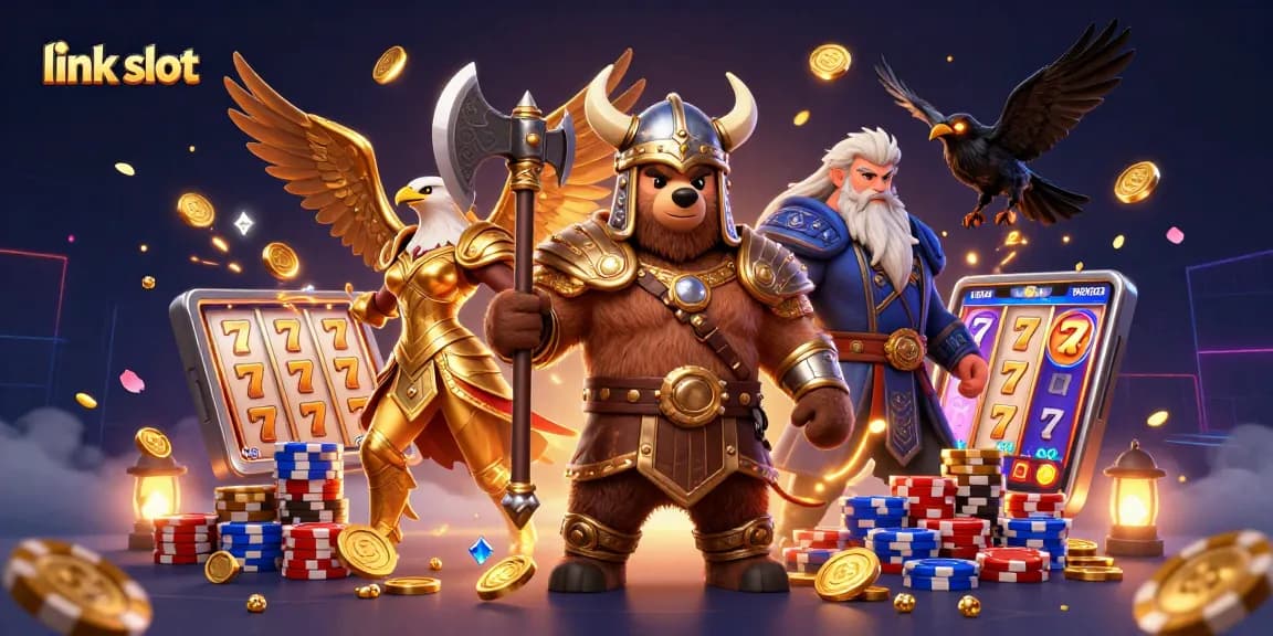 Slot link slot sedang dimainkan dengan karakter Viking dan uang emas bertebaran.
