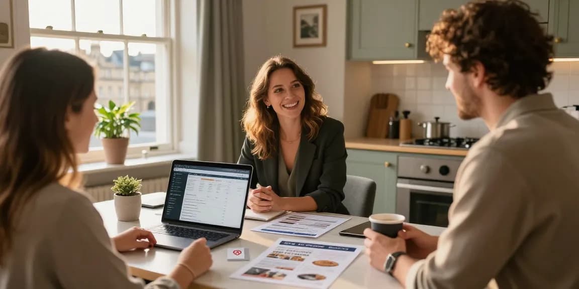 Engaging Bath holiday-let management meeting showcasing property manager with homeowner in stylish kitchen.
