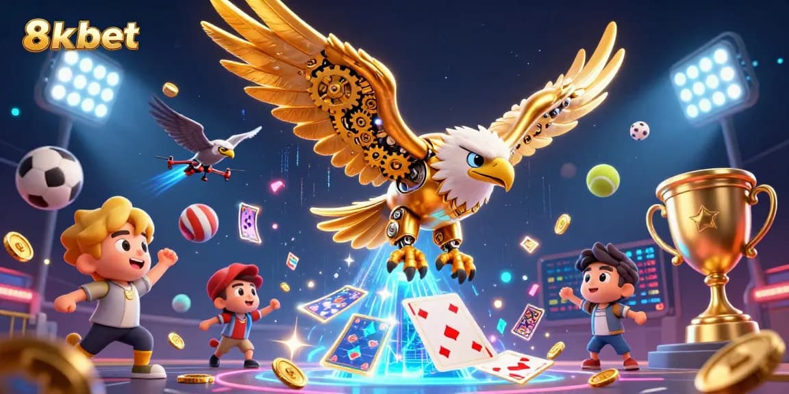 Experience thrilling gaming at 8xbet with a dynamic 3D casino scene showcasing golden eagle and sports elements.