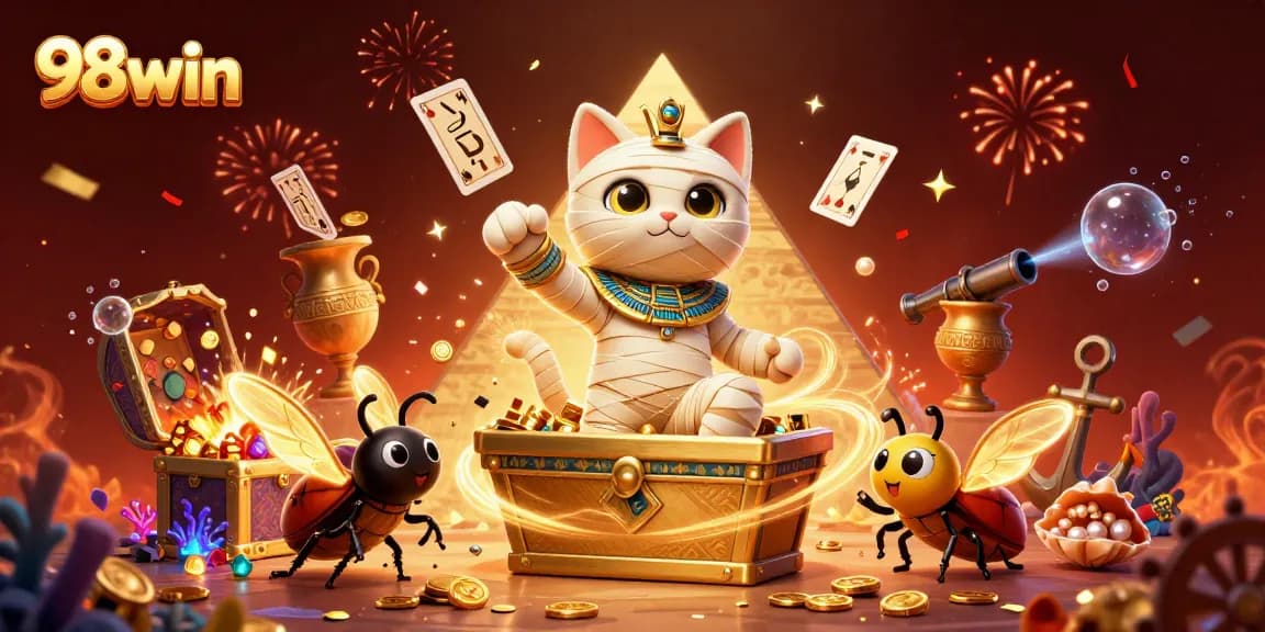 Experience the thrill of winning at 98win with a magical 3D casino scene featuring treasures and exciting games.