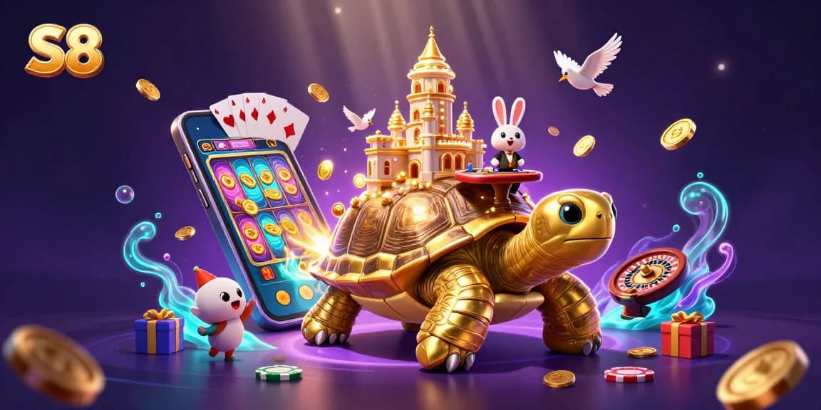 S8 promotional illustration featuring a golden tortoise casino and a rabbit dealer amidst dynamic gambling elements.