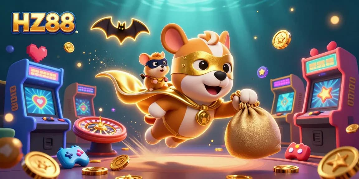 Experience the excitement of HZ88 casino with a heroic dog and hamster amidst vibrant gaming elements.