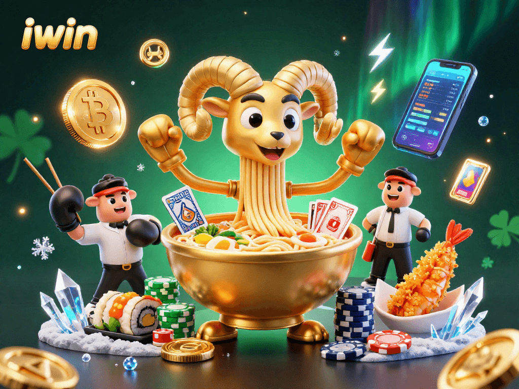 Engage with iwin's dynamic casino scene featuring a giant ramen bowl dealer alongside crypto-themed elements.