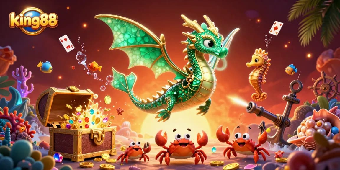Engage with king88 through a vibrant underwater scene featuring a majestic sea dragon and treasure chest
