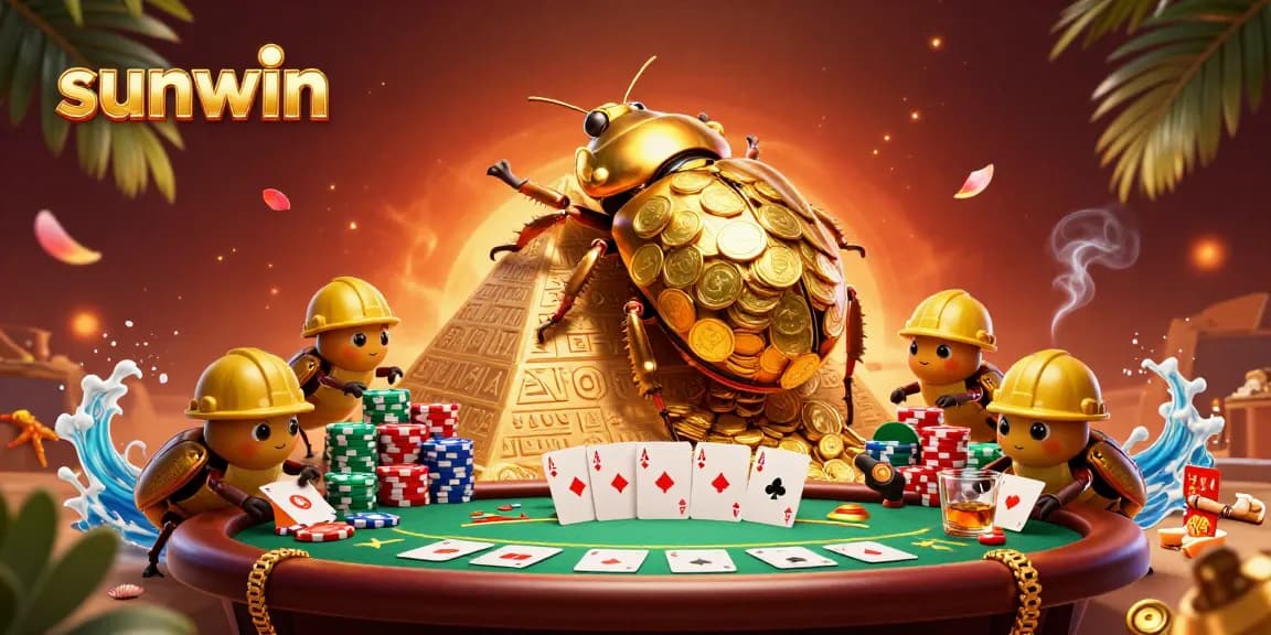 Experience thrilling gameplay at sunwin with a vibrant 3D scene of a golden dung beetle and poker elements.