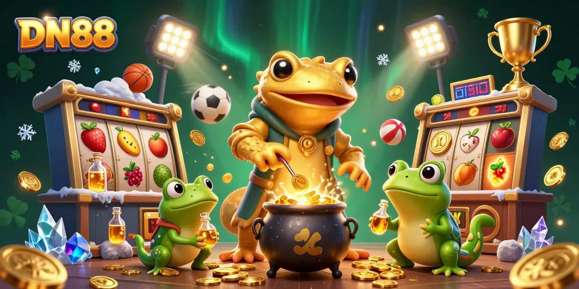 Experience the excitement of DN88 with a dynamic 3D casino illustration featuring golden salamanders and animated game elements.