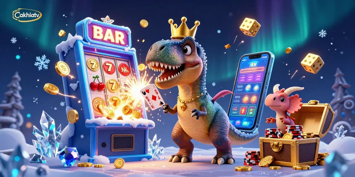 Cakhiatv showcases a whimsical scene with a T-Rex shuffling cards and a triceratops stacking chips amidst a dynamic casino atmosphere.