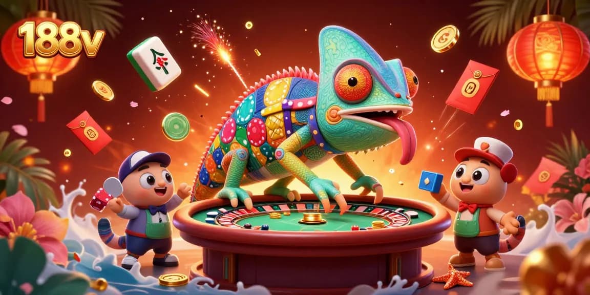 Experience the thrilling 188v casino adventure with a vibrant chameleon owner in a dynamic setting.