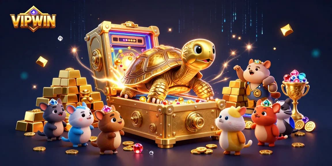 Experience the excitement at VIPWIN with a vibrant 3D illustration of a celebrating tortoise and small animals around a gold treasure vault.