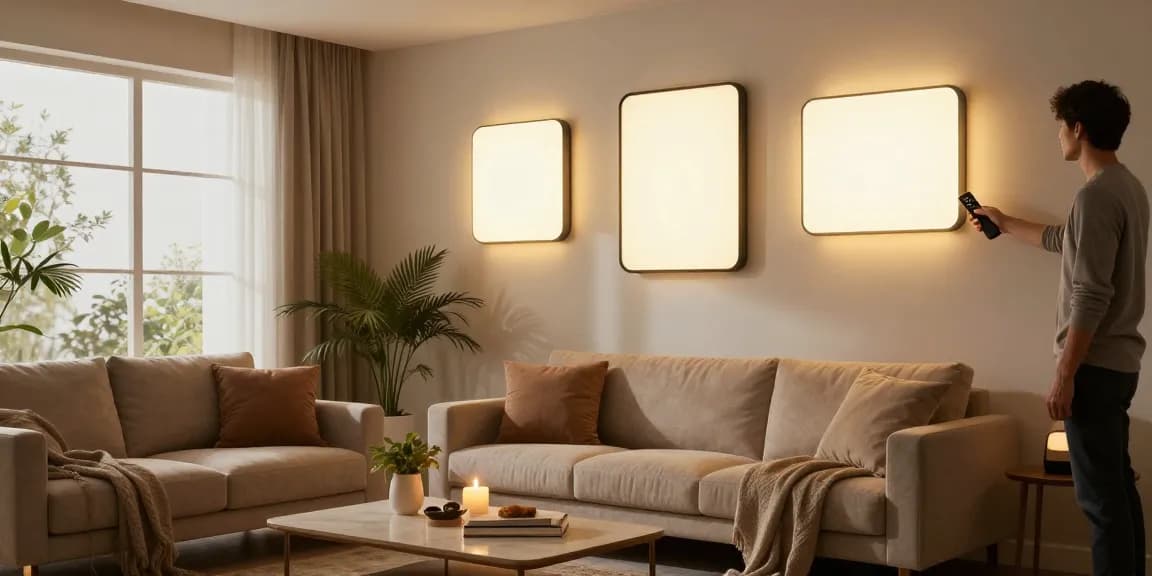 Aplica LED montată pe un perete în living, iluminat cald și decor elegant.