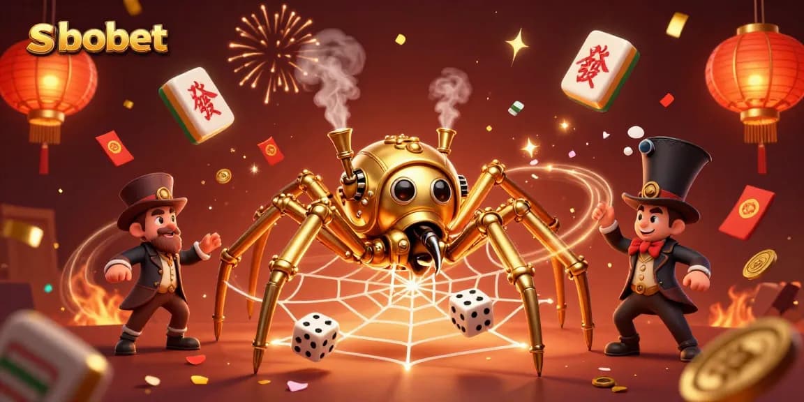 Engage with sbobet in a vibrant 3D casino scene featuring a golden spider and dynamic gaming elements.
