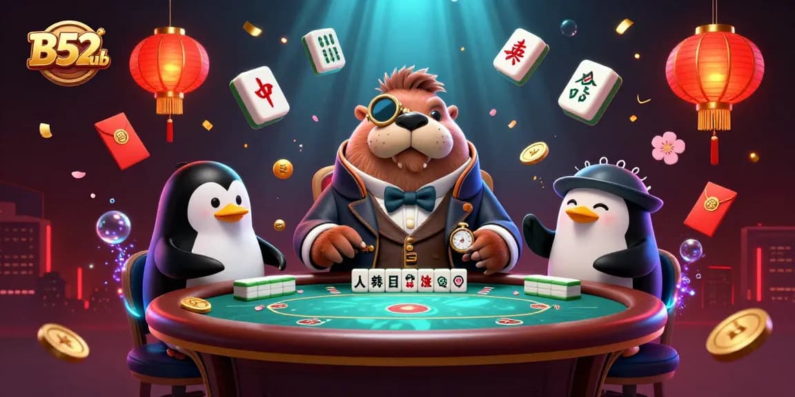 B52Club invites players to engage in a dynamic underwater poker scene featuring a walrus, penguin dealer, and a bluffing pufferfish.