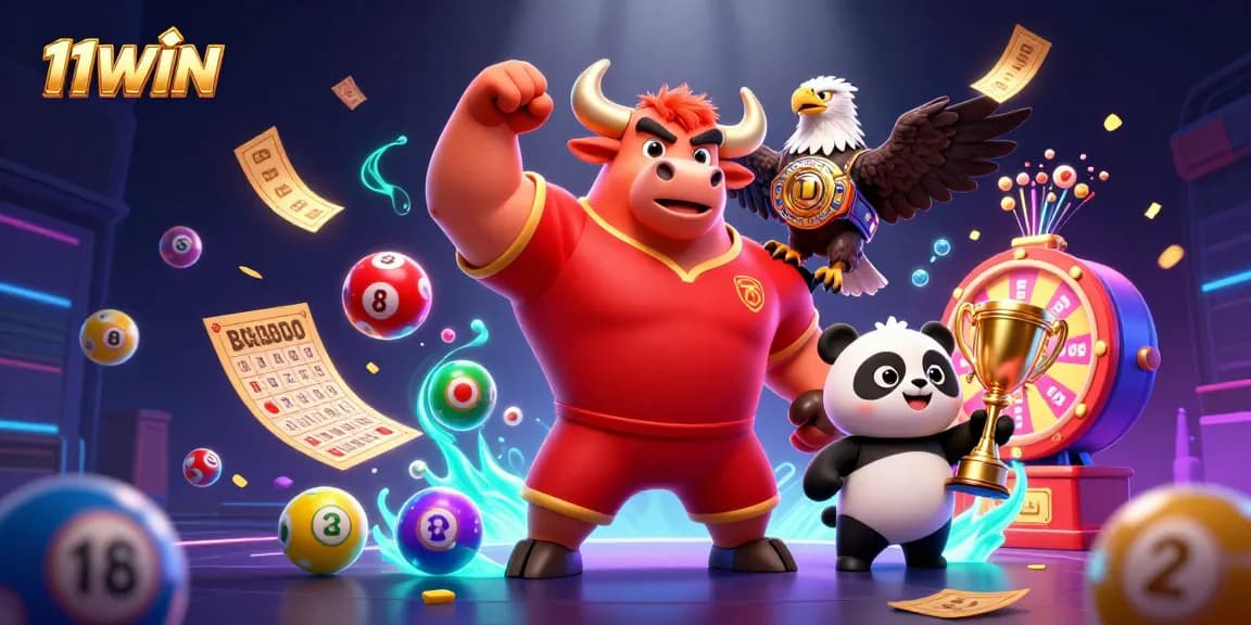 Experience thrilling wins with 11WIN's vibrant casino illustration featuring a bull, eagle, and panda.