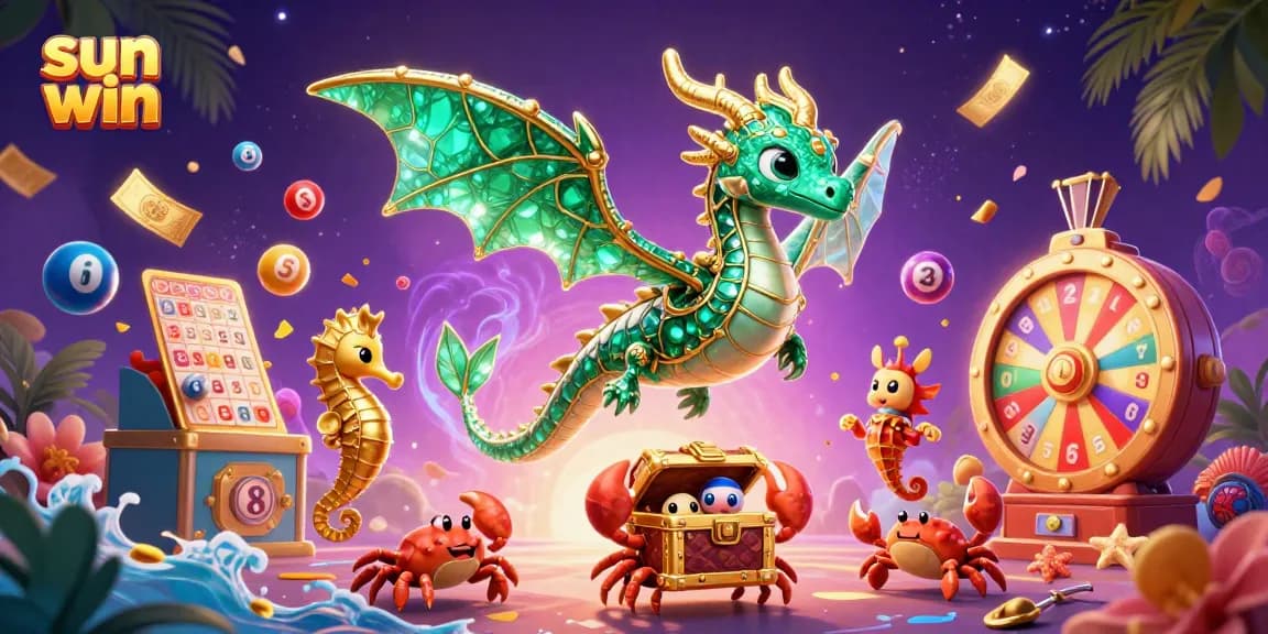 Experience sun win's thrilling atmosphere with vibrant lottery and gaming excitement illustrated in 3D.
