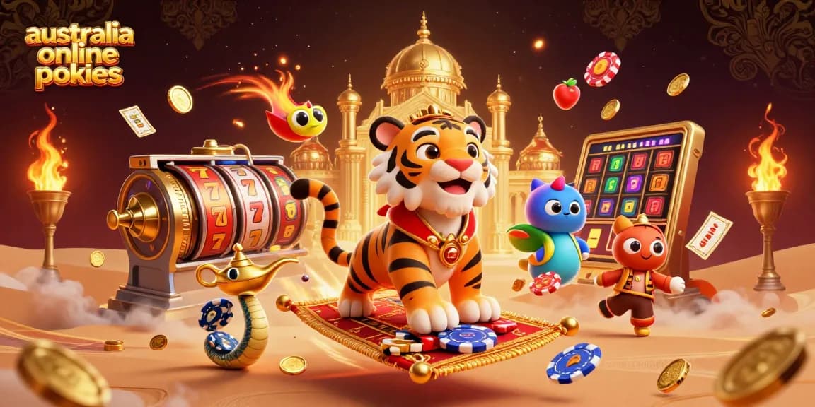 A dynamic scene of the best australia online pokies featuring a cartoon tiger sultan on a flying carpet surrounded by vibrant slot reels.