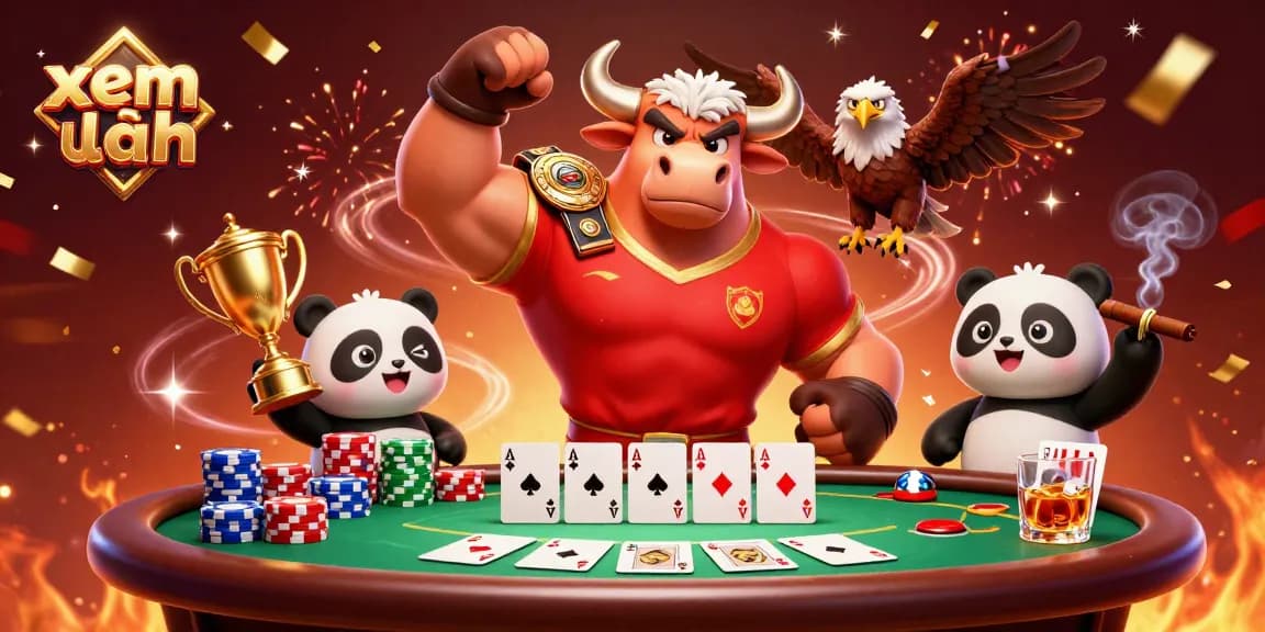 Engage in thrilling gambling with xem thêm, featuring a vibrant 3D cartoon scene of characters celebrating at a poker table.