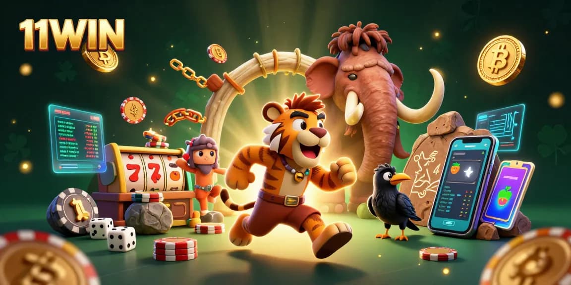 Experience thrilling slot action with the vibrant 11WIN caveman and sabertooth tiger casino scene.