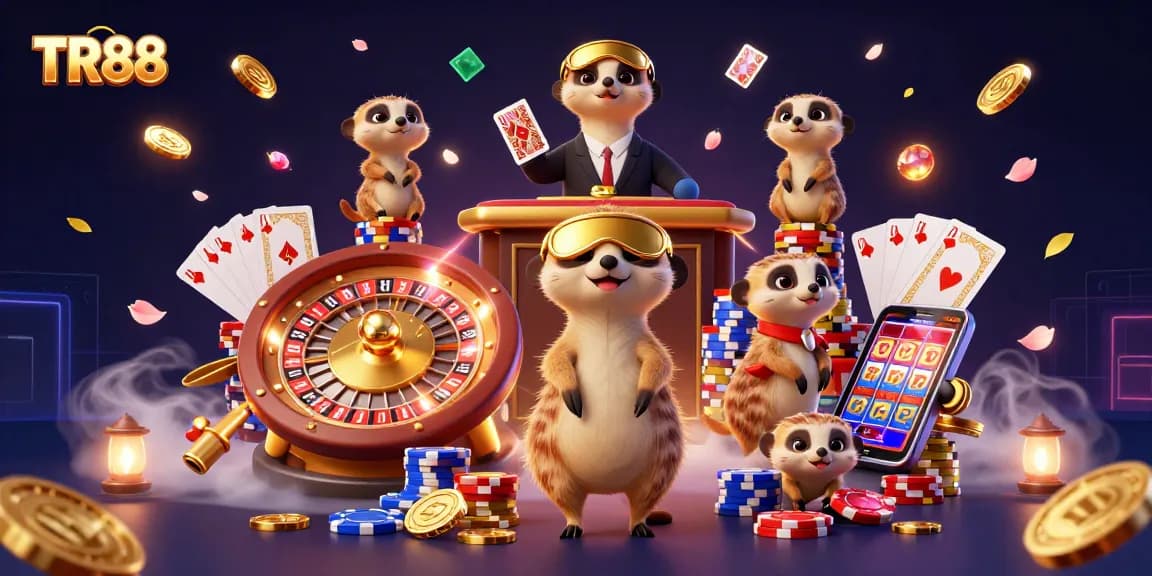 Experience TR88's lively casino operation with meerkats, cards, and coins in a vibrant scene.