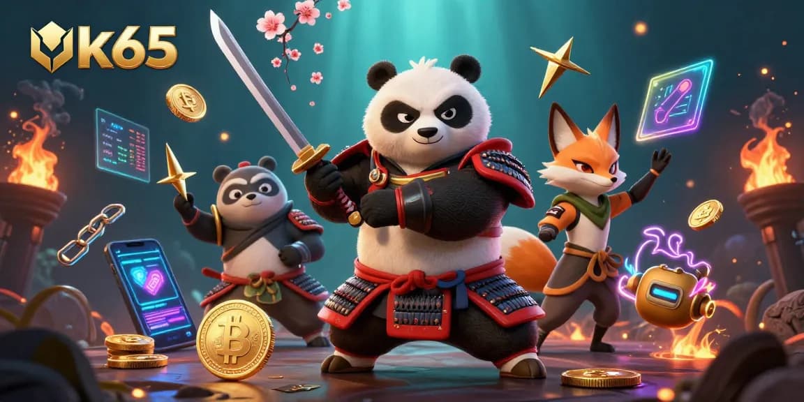 Engage in thrilling gameplay with ok65, showcasing fierce samurai panda and ninja fox amidst vibrant crypto elements.