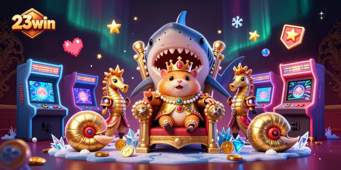 Experience the vibrant worlds of 23win as the golden hamster king rules from his megalodon throne.