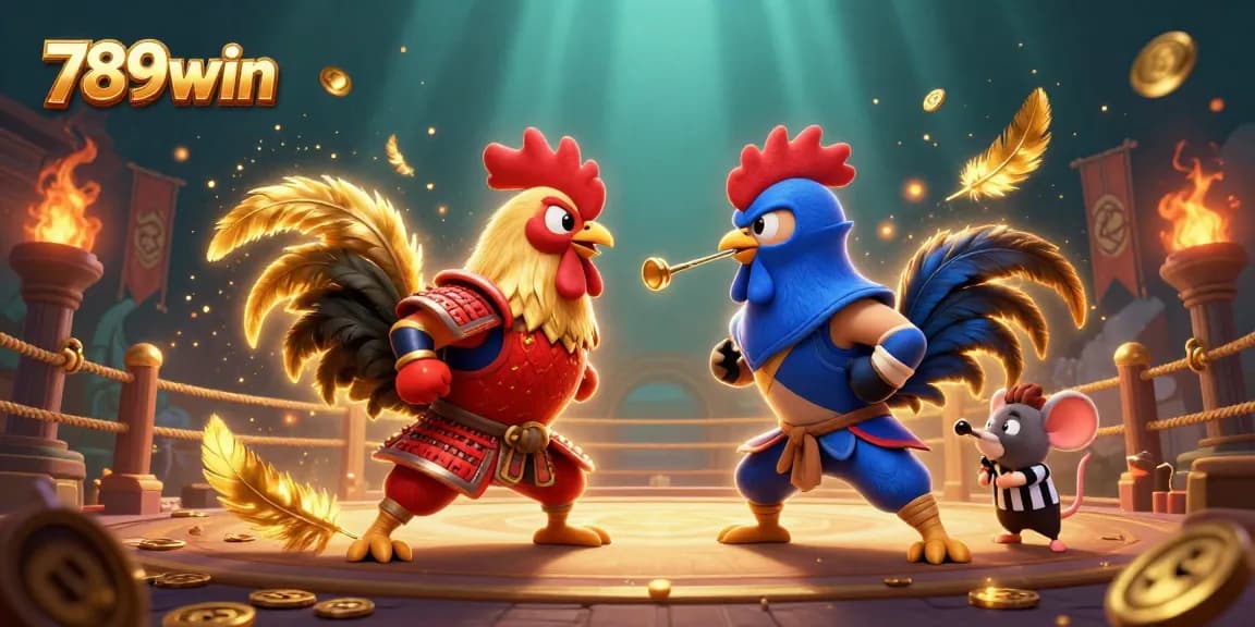 Engage in thrilling battles with 789win featuring rooster warriors amidst a vibrant casino arena.