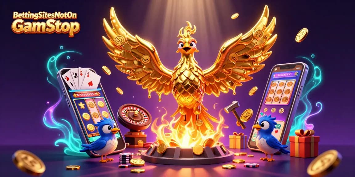 Engage with BettingSitesNotOnGamStop as a golden phoenix rises, surrounded by vibrant casino elements.