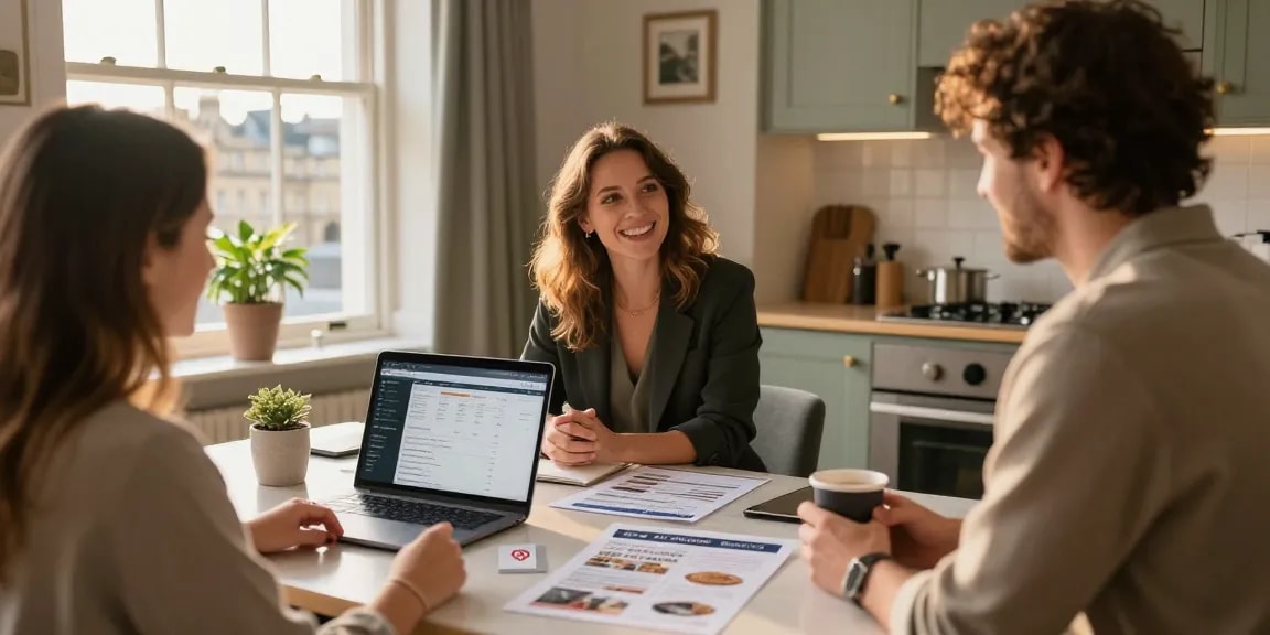 Engaging Bath holiday-let management meeting showcasing property manager with homeowner in stylish kitchen.