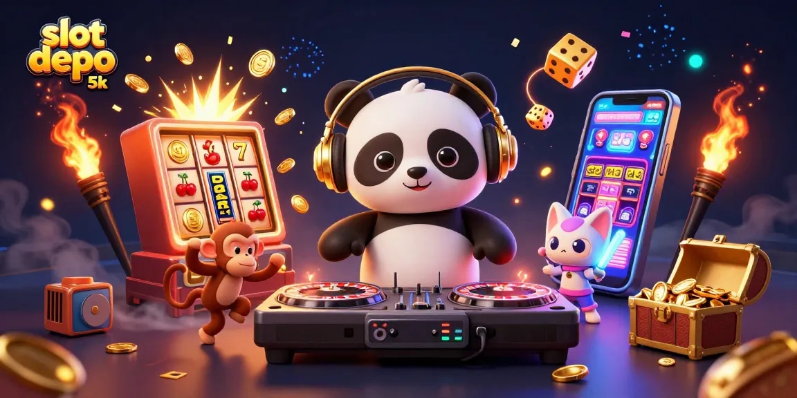 Spin to win at slot depo 5k with a vibrant scene featuring fun characters and exciting casino elements.