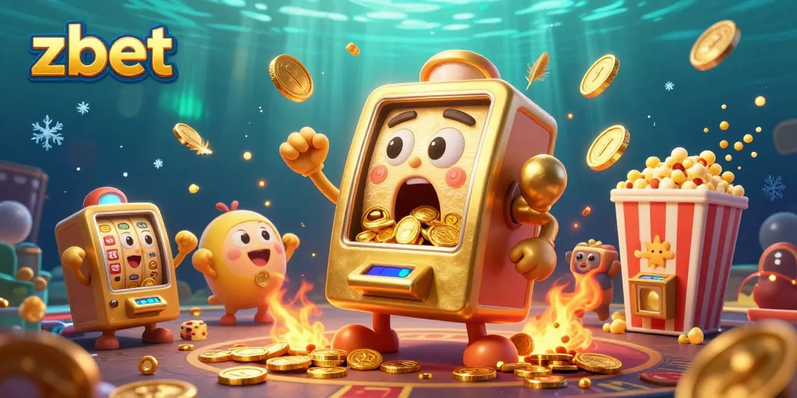 Zbet's golden slot machine hits the jackpot, surrounded by cheering mini slots and a popcorn machine.