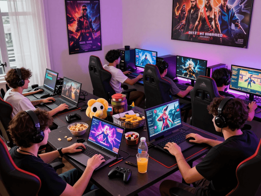 Engaging scene of players enjoying interactive sex games on multiple devices in a vibrant gaming setup
