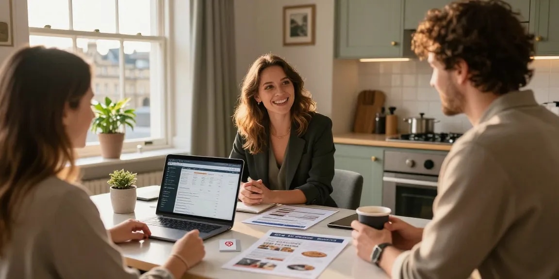 Engaging Bath holiday-let management meeting showcasing property manager with homeowner in stylish kitchen.