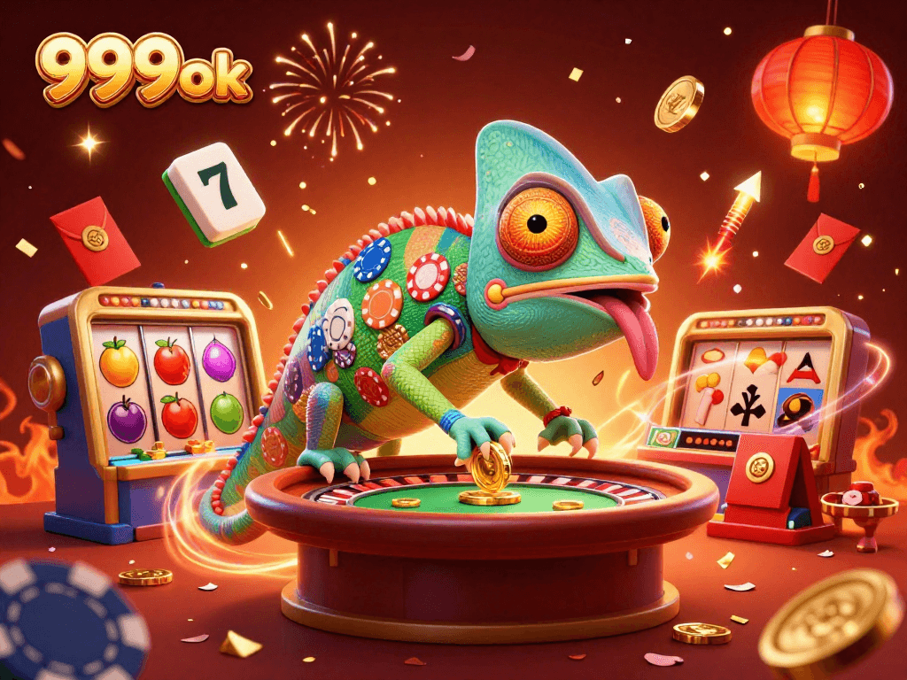 Experience the excitement of 999ok with vibrant casino scenes featuring spinning slot reels and golden rewards.