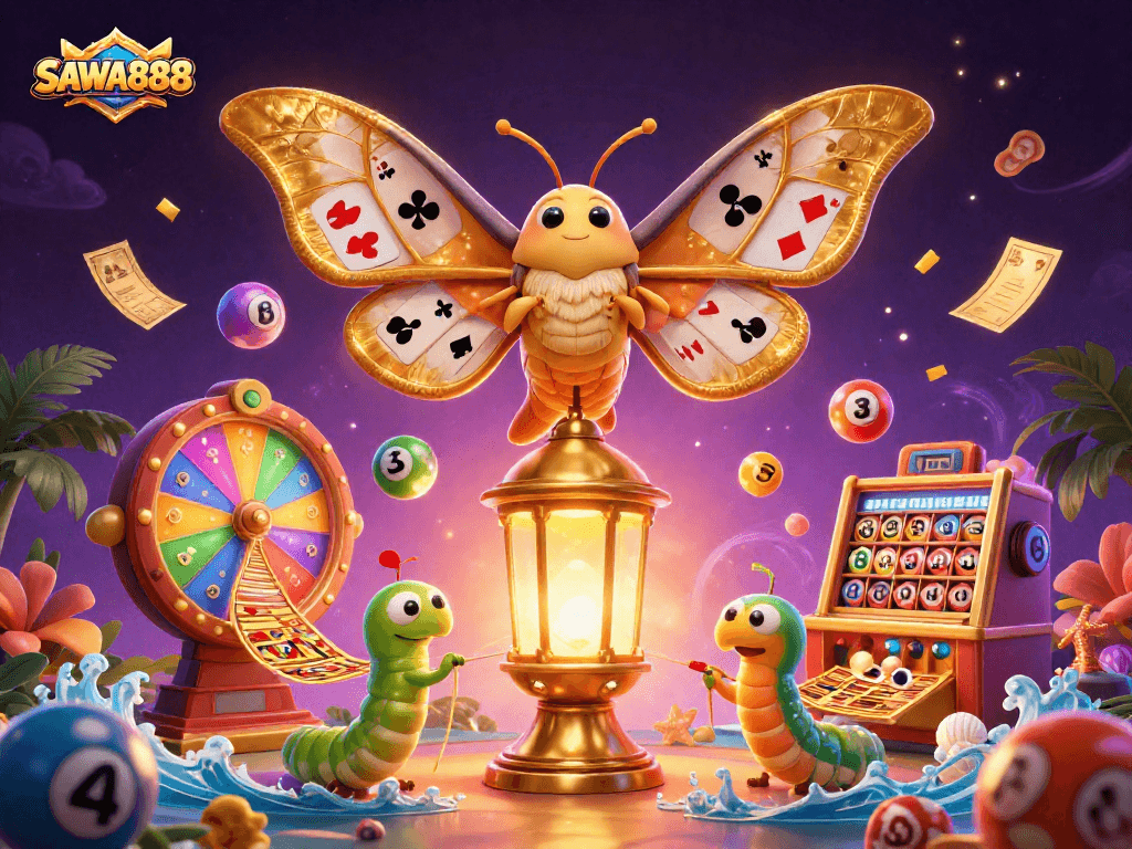 Experience SAWA888 with vibrant gaming elements and lottery action in this colorful illustration