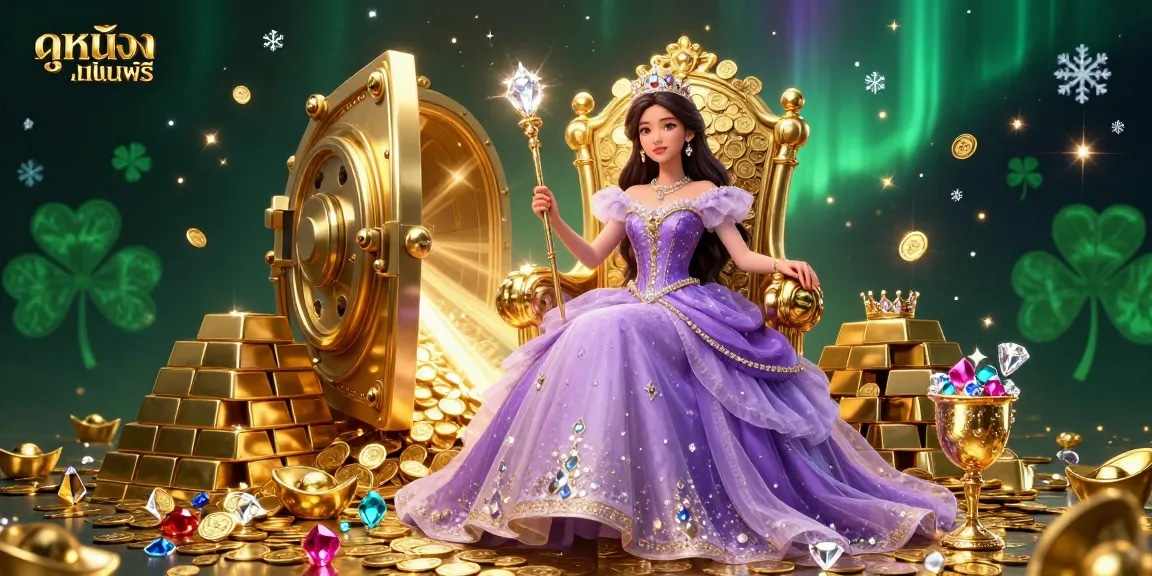 Experience ดูหนังออนไลน์ฟรี with our royal-themed 3D illustration showcasing a glamorous casino scene filled with jewels.