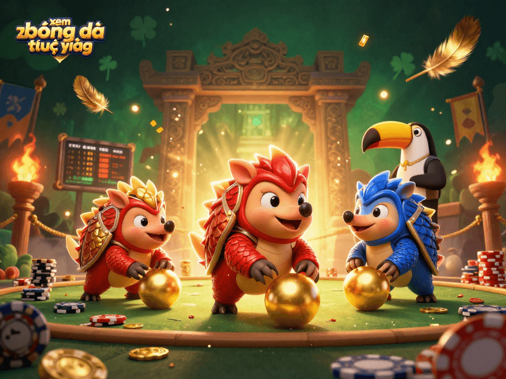 Xem bóng đá trực tiếp with rival pangolins competing over golden chips and betting tokens in an exciting atmosphere.