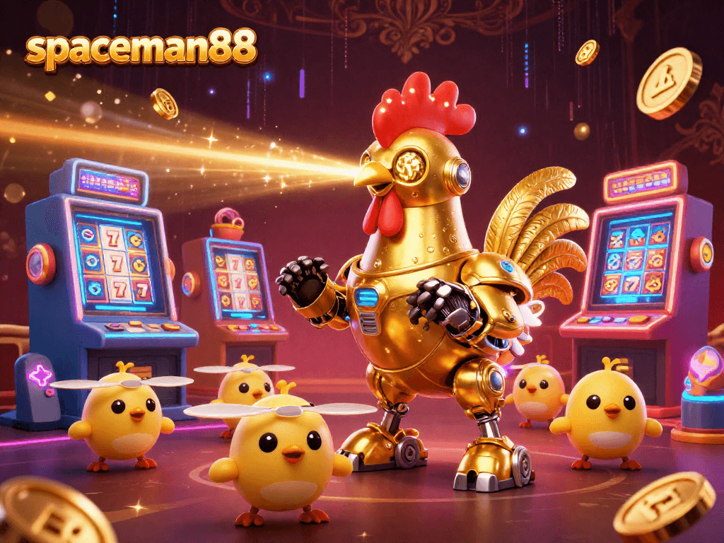 Spin to win with spaceman88 as vibrant robots and colorful slot machines create an exciting jackpot scene.