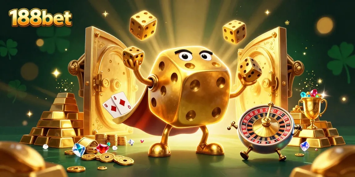 Experience the thrill of 188bet with our engaging 3D casino illustration featuring golden dice and treasures.