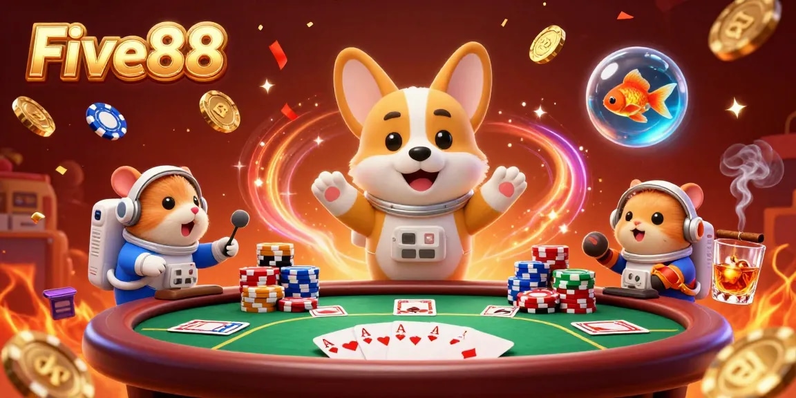 Experience the thrills of Five88 casino with a playful astronaut corgi, animated gaming elements, and vibrant colors.